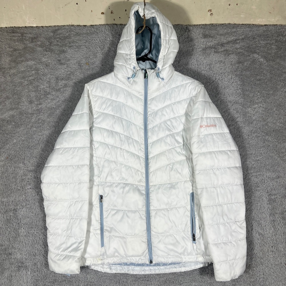 Columbia Puffer Jacket Women Medium White Blue Omni-Heat Hooded Quilted Coat
